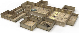 A detailed view of the Tenfold Dungeon: The Temple game by Gale Force 9. The image showcases a three-dimensional layout of a dungeon, featuring intricately designed stone walls and tiled floors, along with various rooms and corridors that create an immersive gaming experience.