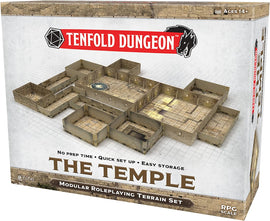 The Tenfold Dungeon: The Temple game features a beautifully designed modular terrain set for roleplaying games. The box displays a detailed layout of temple rooms and corridors with a stone wall design, suitable for immersive gameplay. The packaging highlights features such as no prep time, quick setup, and easy storage, making it ideal for RPG enthusiasts aged 14 and above.