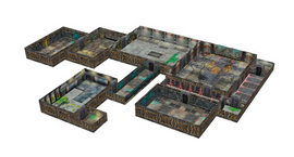 A detailed view of the Tenfold Dungeon: Daedalus Station game by Gale Force 9, showcasing interlocking dungeon tiles featuring intricate designs, various rooms, and pathways. The tiles have a sci-fi aesthetic with metallic textures, colorful highlights, and unique features such as doors and interactive areas, ideal for tabletop gaming.