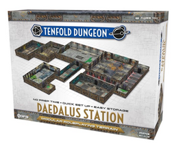 The Tenfold Dungeon: Daedalus Station game box showcases a modular roleplaying terrain set. The packaging features various room layouts, detailed textures, and a sci-fi theme, emphasizing no prep time, quick setup, and easy storage for immersive gaming experiences.