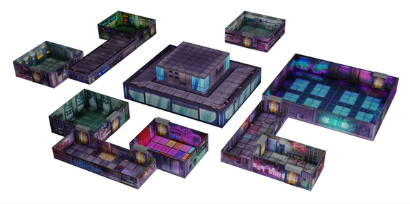 A vibrant, modular gaming set featuring intricately designed building tiles for the Tenfold Dungeon: Cyberpunk City game. The pieces showcase a futuristic urban environment with colorful decorations, neon accents, and various structure layouts that allow for creative game setups.