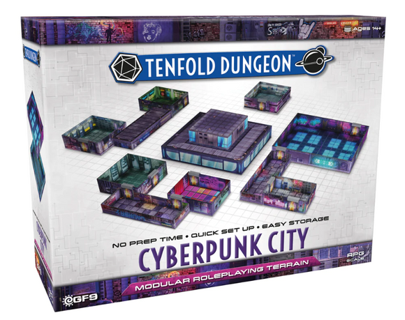 The Tenfold Dungeon: Cyberpunk City game by Gale Force 9 features a modular roleplaying terrain set. The box displays various detailed, colorful pieces illustrating futuristic city structures, including buildings and urban environments designed for tabletop gaming. The packaging highlights features such as 'No Prep Time,' 'Quick Set Up,' and 'Easy Storage.' Perfect for immersive roleplaying experiences.
