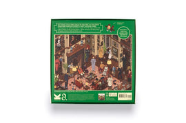 The World of Hercule Poirot jigsaw puzzle by Laurence King Publishing, featuring a colorful illustration depicting various characters and scenes from Agatha Christie's detective stories. The puzzle includes a fold-out poster with a guide to the clues, designed to challenge and entertain fans of mystery and puzzles. The box shows details of the completed puzzle dimensions.