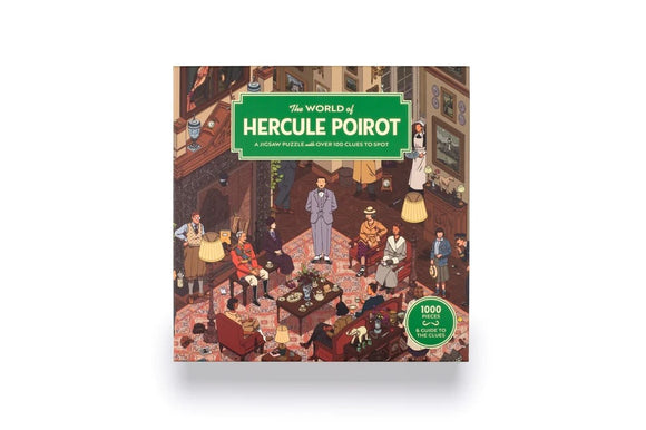 The World of Hercule Poirot jigsaw puzzle box featuring intricate artwork depicting various characters in a cozy setting, emphasizing detective themes with over 100 clues to spot. Ideal for puzzle enthusiasts and mystery fans, it contains 1000 pieces.