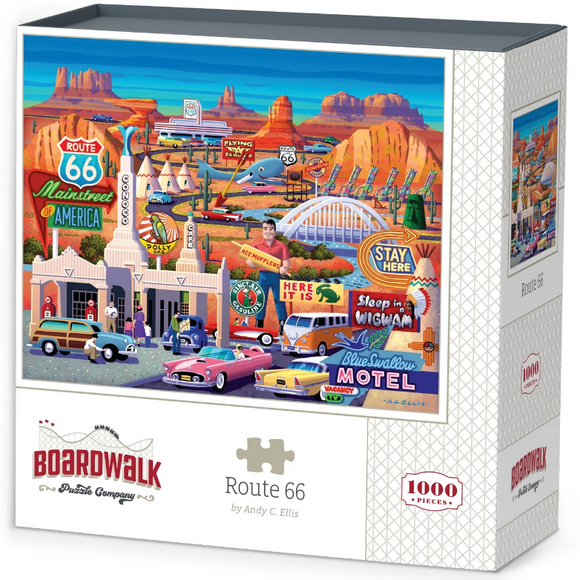 Route 66 Jigsaw Puzzle by Dowdle Folk Art featuring vibrant scenes of classic Americana. The illustration showcases iconic Route 66 landmarks, vintage cars, and colorful signs, promising an engaging 1000-piece challenge.
