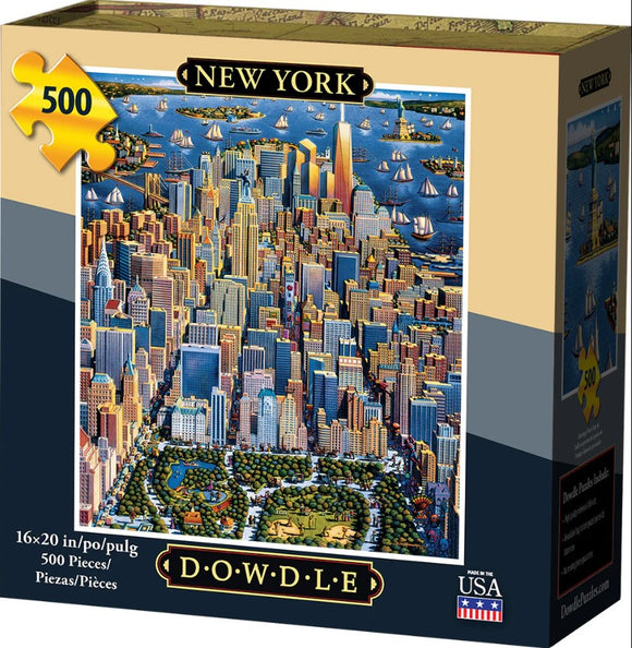 A vibrant jigsaw puzzle featuring a detailed aerial view of New York City, showcasing iconic skyscrapers, boats, and Central Park. The puzzle includes 500 pieces and measures 16x20 inches. The box displays the title 'New York' by Dowdle Folk Art.