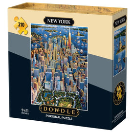 The Mini New York jigsaw puzzle by Dowdle Folk Art features a colorful aerial view of New York City, showcasing iconic landmarks, skyscrapers, and boats on the water. The puzzle box measures 9 x 11 inches and contains 210 pieces, making it a perfect challenge for puzzle enthusiasts and a delightful gift for city lovers.