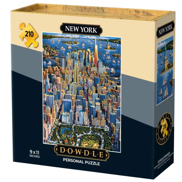 The Mini New York jigsaw puzzle by Dowdle Folk Art features a colorful aerial view of New York City, showcasing iconic landmarks, skyscrapers, and boats on the water. The puzzle box measures 9 x 11 inches and contains 210 pieces, making it a perfect challenge for puzzle enthusiasts and a delightful gift for city lovers.