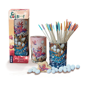 The Go Cuckoo! game by Devir features colorful packaging and components. It includes a decorated cylindrical container with playful illustrations of birds and eggs, alongside a variety of colorful sticks and blue eggs scattered around. The vibrant design is engaging, making it an exciting addition to any game night.