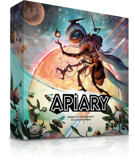 Apiary board game by Stonemaier Games featuring vibrant, colorful artwork depicting a futuristic character interacting with robotic bees against a cosmic background. The box indicates it's designed for 1-5 players, suitable for ages 14 and up, and has a playtime of 60 to 90 minutes.