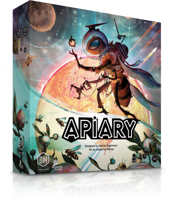 Apiary board game by Stonemaier Games featuring vibrant, colorful artwork depicting a futuristic character interacting with robotic bees against a cosmic background. The box indicates it's designed for 1-5 players, suitable for ages 14 and up, and has a playtime of 60 to 90 minutes.
