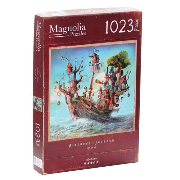 The OFF WE GO! jigsaw puzzle by Magnolia Puzzles features a whimsical illustration of colorful treehouses and quirky characters on a boat, capturing a sense of adventure. The box showcases the puzzle's title, artist Alexander Jansson, and indicates that it contains 1023 pieces with a difficulty level of four stars.