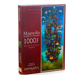 BEAKION'S BREATH jigsaw puzzle by Magnolia Puzzles featuring a vibrant and whimsical panoramic artwork with intricate details and numerous colorful houses and trees. The box displays the title prominently along with the number of pieces.