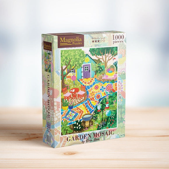A colorful jigsaw puzzle box featuring the 'Garden Mosaic' design by Magnolia Puzzles. The illustration shows a vibrant garden scene with various plants, a stone pathway, outdoor seating, and a charming garden shed, surrounded by a variety of colors and patterns. The box states it has 1000 pieces and a difficulty level of two stars.