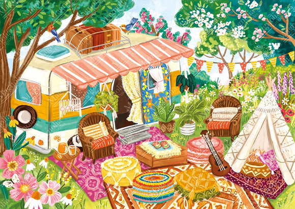 A colorful Jigsaw puzzle featuring a whimsical Boho camper scene set in a lush green garden. The image includes a vintage camper van with a striped awning, decorated with bright patterns. Surrounding the camper are cozy seating areas with woven chairs, vibrant cushions, a guitar, and a playful teepee. Flowers bloom abundantly, and colorful bunting adds a festive touch to the serene outdoor setting.