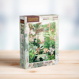 The box of the JUNGLE OASIS jigsaw puzzle by Magnolia Puzzles, featuring vibrant artwork of jungle animals like a giraffe, lion, and leopard among lush greenery and flowers. The puzzle contains 1000 pieces and has a medium difficulty level.