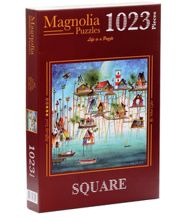 The PIER CITY jigsaw puzzle by Magnolia Puzzles features a colorful illustration of whimsical houses on stilts near a serene body of water, surrounded by trees and boats. This puzzle contains 1023 pieces and is designed to provide hours of entertainment and relaxation.