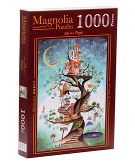The Tale of a Tree jigsaw puzzle by Magnolia Puzzles featuring a whimsical illustration of a tree with colorful houses and a night sky. The box displays 1000 pieces and highlights the enchanting artwork that invites puzzlers to explore their creativity.