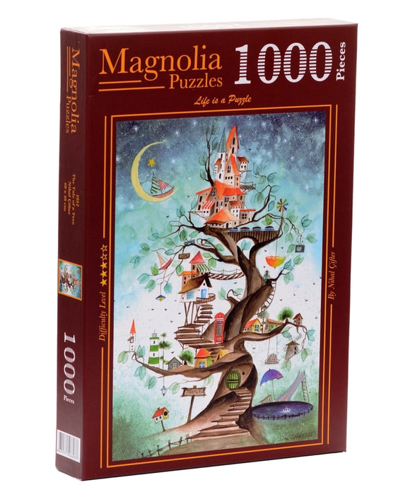 The Tale of a Tree jigsaw puzzle by Magnolia Puzzles featuring a whimsical illustration of a tree with colorful houses and a night sky. The box displays 1000 pieces and highlights the enchanting artwork that invites puzzlers to explore their creativity.