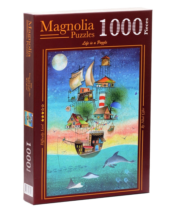 A colorful jigsaw puzzle box titled 'FROM SEA TO THE SKY' with 1000 pieces. The artwork features a whimsical scene of houses on a floating ship under a starry night, with dolphins and sea life visible below.
