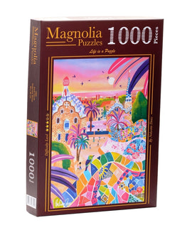 PARK GÜELL jigsaw puzzle by Magnolia Puzzles featuring a vibrant and colorful depiction of the iconic park. The package shows the artwork with palm trees, unique buildings, and intricate mosaics, consisting of 1000 pieces, ideal for puzzle enthusiasts.