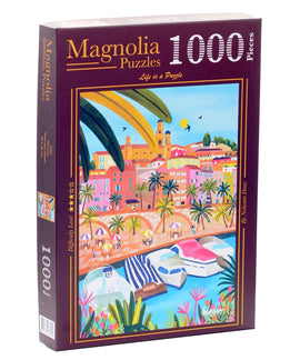 Magnolia Puzzles presents the MENTON jigsaw puzzle. This 1000-piece puzzle features a vibrant seaside scene with colorful buildings, palm trees, and boats. The box showcases the artwork by Nohemi Davis with a difficulty level of 1 star, appealing to casual puzzlers and enthusiasts alike.