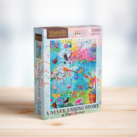A 1000-piece jigsaw puzzle titled 'A NEVER ENDING STORY' by Magnolia Puzzles. The box features a vibrant, colorful illustration filled with whimsical animals, flowers, and nature scenes, designed to captivate puzzle enthusiasts.