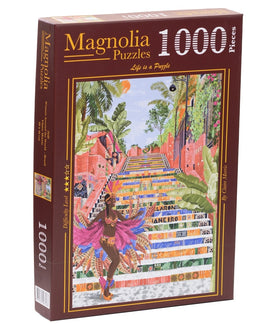 A jigsaw puzzle box titled 'Women Around the World, Brazil' by Magnolia Puzzles. The packaging features a colorful illustration of a woman dressed in vibrant carnival attire, surrounded by lush green foliage and decorative steps, showcasing the essence of Brazilian culture. The box states it contains 1000 pieces and shows a difficulty level of three stars.