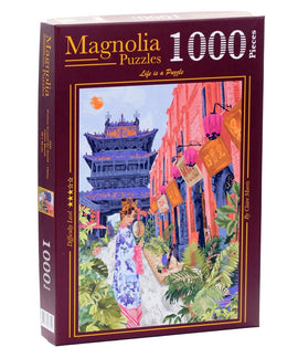 Magnolia Puzzles 1000-piece jigsaw puzzle titled 'Women Around the World, China'. The box features a colorful illustration of a woman holding a fan in a vibrant street setting lined with plants and traditional Chinese architecture. The scene is adorned with lanterns and storefronts, reflecting the beauty of Chinese culture.