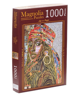 Magnolia Puzzles presents the 'African Beauty' jigsaw puzzle featuring a vibrant, artistic representation of a woman's face adorned with intricate details and colorful patterns. This 1000-piece puzzle challenges and delights puzzle enthusiasts with its unique design and thoughtful composition.