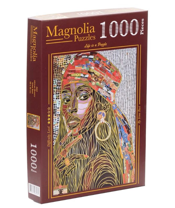 Magnolia Puzzles presents the 'African Beauty' jigsaw puzzle featuring a vibrant, artistic representation of a woman's face adorned with intricate details and colorful patterns. This 1000-piece puzzle challenges and delights puzzle enthusiasts with its unique design and thoughtful composition.