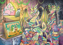 A colorful jigsaw puzzle illustration featuring a whimsical dragon surrounded by playful baby dragons and cats in a fantasy setting. The dragon, wearing glasses, holds a puzzle piece while overseeing a stack of puzzle boxes and an unfinished jigsaw puzzle displayed on an easel. The background shows a cozy and imaginative scene with cave-like walls and candlelight, enhancing the magical atmosphere.