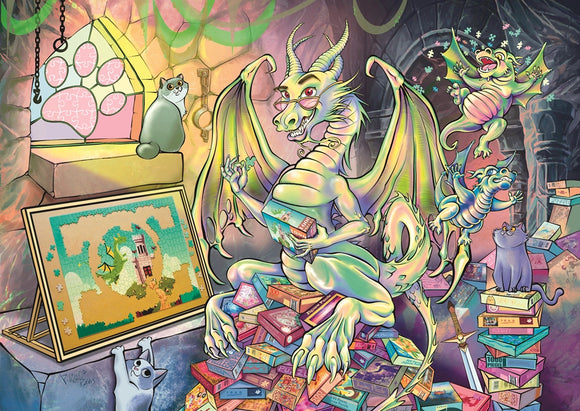A colorful jigsaw puzzle illustration featuring a whimsical dragon surrounded by playful baby dragons and cats in a fantasy setting. The dragon, wearing glasses, holds a puzzle piece while overseeing a stack of puzzle boxes and an unfinished jigsaw puzzle displayed on an easel. The background shows a cozy and imaginative scene with cave-like walls and candlelight, enhancing the magical atmosphere.