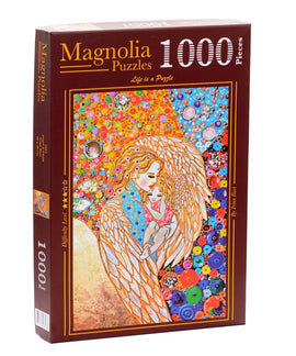 A beautifully illustrated jigsaw puzzle box titled 'ANGEL & CHILD' by Magnolia Puzzles. The box contains 1000 intricately designed pieces. The artwork features an angel with flowing hair and a child surrounded by colorful orbs and patterns. The design showcases vibrant colors and detailed imagery, perfect for puzzle enthusiasts and art lovers.