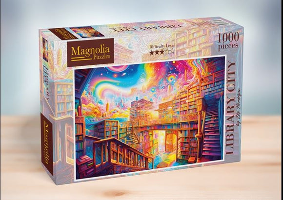A vivid jigsaw puzzle titled 'LIBRARY CITY' by Magnolia Puzzles, featuring a colorful, fantastical artwork of a vibrant library filled with books and rainbow hues. The puzzle box displays 1000 pieces and a 4-star difficulty level, emphasizing its intricate design and captivating imagery.