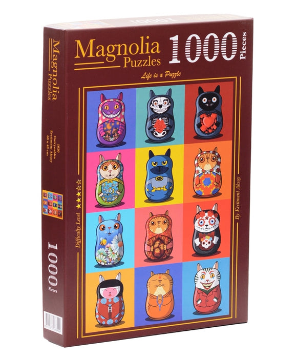 A colorful jigsaw puzzle box containing 1000 pieces from Magnolia Puzzles, featuring a vibrant assortment of cat-themed nesting dolls, illustrated in various playful designs and colors, set against a multicolored grid background.