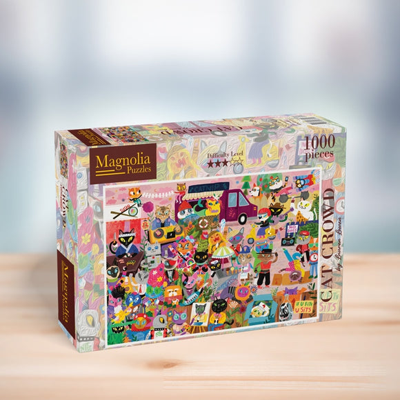 CAT CROWD Jigsaw Puzzle by Magnolia Puzzles. This colorful 1000-piece puzzle features an array of playful and whimsical cats in various costumes and activities, set against a vibrant backdrop full of fun illustrations. The box displays the difficulty level with two stars, ideal for puzzle enthusiasts looking for a delightful challenge.