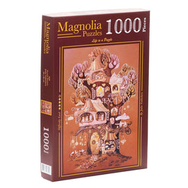 Magnolia Puzzles SWEETS FACTORY jigsaw puzzle featuring a whimsical candy-themed factory set in a tree. The puzzle box displays the illustration with bright colors and cheerful details, such as sweets and characters, designed for 1000 pieces.