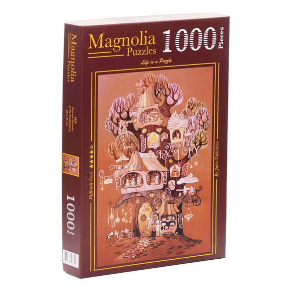 Magnolia Puzzles SWEETS FACTORY jigsaw puzzle featuring a whimsical candy-themed factory set in a tree. The puzzle box displays the illustration with bright colors and cheerful details, such as sweets and characters, designed for 1000 pieces.