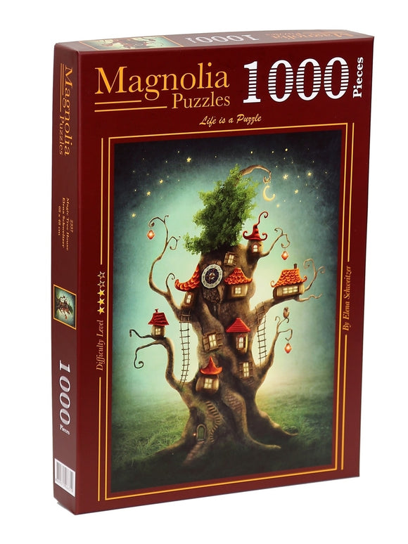 The MAGIC TREE HOUSE jigsaw puzzle by Magnolia Puzzles features a whimsical illustration of a tree with a cozy house, lanterns, and stars in the night sky. The box displays '1000 Pieces' and 'Life is a Puzzle' in a decorative font, with an enchanting color palette that invites puzzle enthusiasts to delve into a fantastical scene.