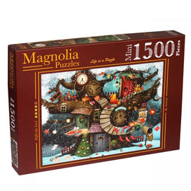Magnolia Puzzles 'Christmas in the Forest' jigsaw puzzle featuring a whimsical winter scene with snowy trees, decorated houses, colorful presents, and a clock. The box, containing 1500 mini pieces, showcases vibrant artwork capturing the festive spirit of the holidays.