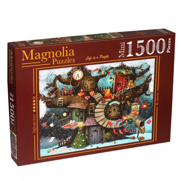 Magnolia Puzzles 'Christmas in the Forest' jigsaw puzzle featuring a whimsical winter scene with snowy trees, decorated houses, colorful presents, and a clock. The box, containing 1500 mini pieces, showcases vibrant artwork capturing the festive spirit of the holidays.