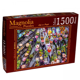 Magnolia Puzzles FLOATING MARKET jigsaw puzzle featuring a vibrant scene of a bustling floating market with colorful boats filled with fruits and vegetables. The puzzle contains 1500 pieces and has a difficulty rating of four stars, making it ideal for experienced puzzlers.