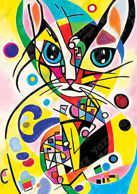 CATINSKY jigsaw puzzle by Yazz Puzzles featuring a vibrant abstract cat design. The artwork showcases bold colors and geometric shapes, providing an engaging and challenging experience for puzzle enthusiasts.
