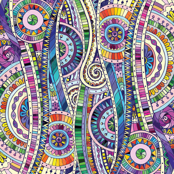 A colorful geometric mosaic pattern featuring intricate designs of spirals, circles, and swirls in vibrant colors like purple, pink, green, and yellow, ideal for a jigsaw puzzle by Yazz Puzzles.