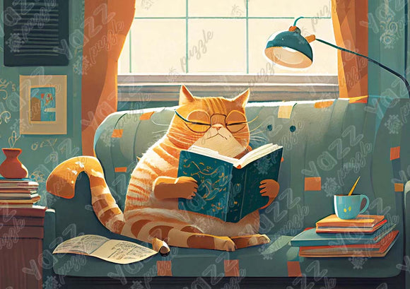 A whimsical illustration of a content orange cat wearing glasses, sitting comfortably on a couch while reading a large book. The background features a cozy room with a bright window, a lamp, books stacked on a table, and decorative elements, creating a warm and inviting atmosphere.