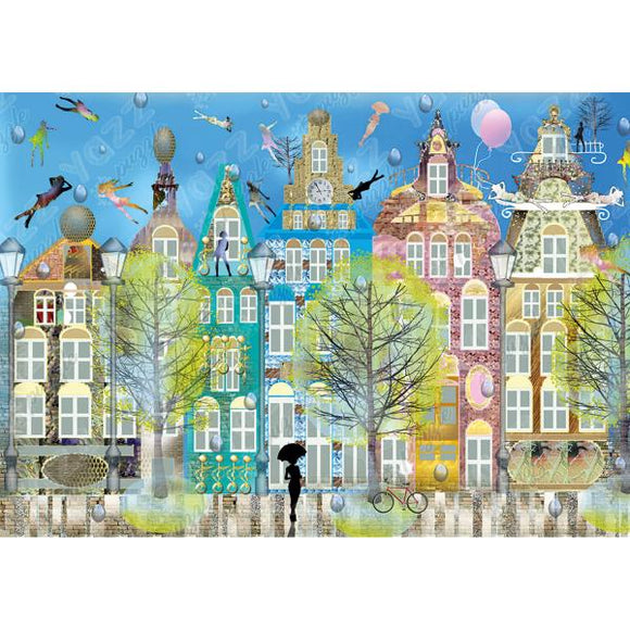 A colorful jigsaw puzzle titled 'BELGIAN CITY' by Yazz Puzzles, depicting whimsical buildings in vibrant colors with trees, street lamps, and playful elements like people swimming and balloons in a sky-blue background.