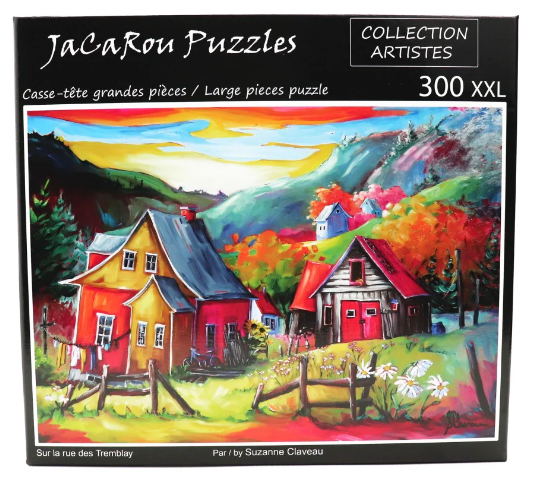 Jigsaw puzzle box titled 'SUR LA RUE DES TREMBLAY' by JaCaRou Puzzles. The colorful artwork features a vibrant landscape with a red house, a barn, and rolling hills, ideal for puzzle enthusiasts. The puzzle contains 300 large pieces.
