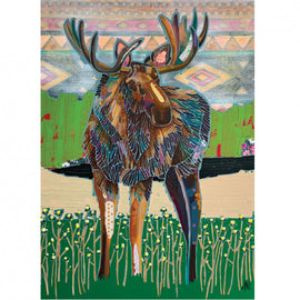 A colorful jigsaw puzzle featuring a moose standing in a vibrant, abstract landscape. The moose is illustrated with details emphasizing its fur and antlers against a backdrop of flowers and geometric patterns.