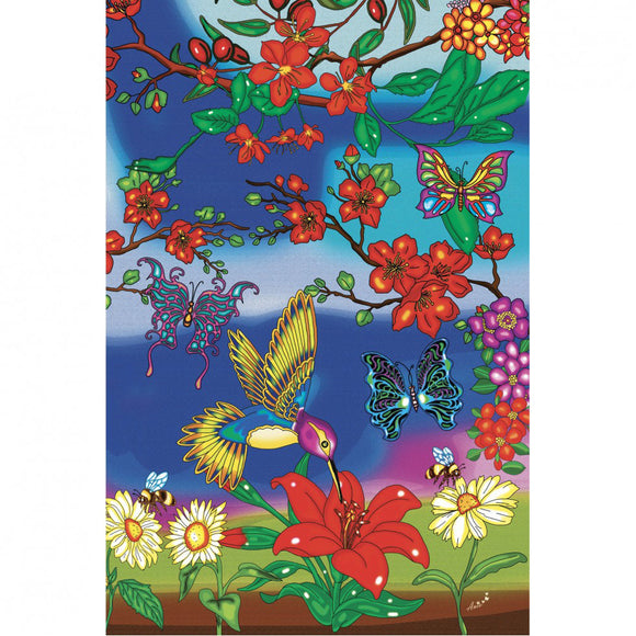 Colorful jigsaw puzzle featuring a vibrant scene with hummingbirds, butterflies, and various flowers on a blue background, representing nature and artistic design.